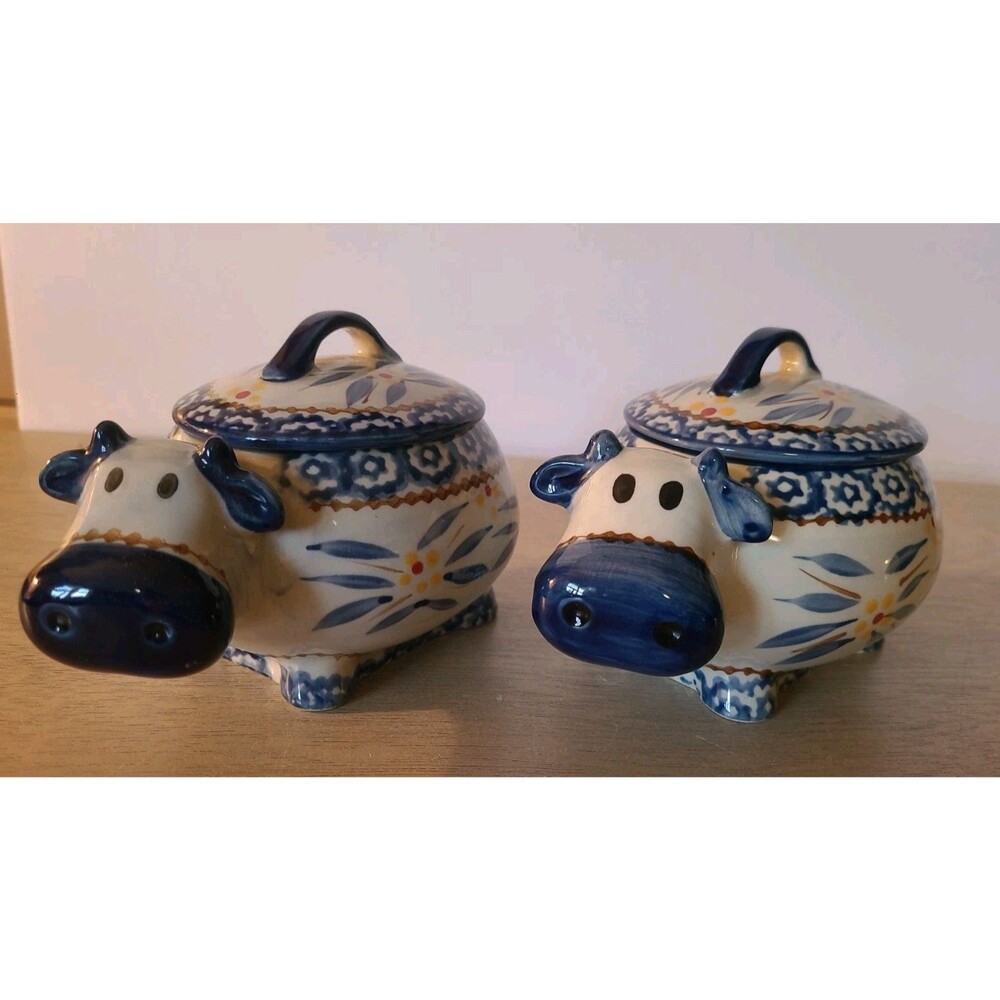Set 2 Temptations By Tara Old World Blue Cow Mini Bakers With Lids 16 oz